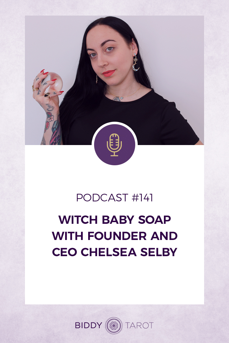 Witch Baby Soap with Founder and CEO Chelsea Selby holding a crystal ball with red nails | Biddy Tarot | Podcast