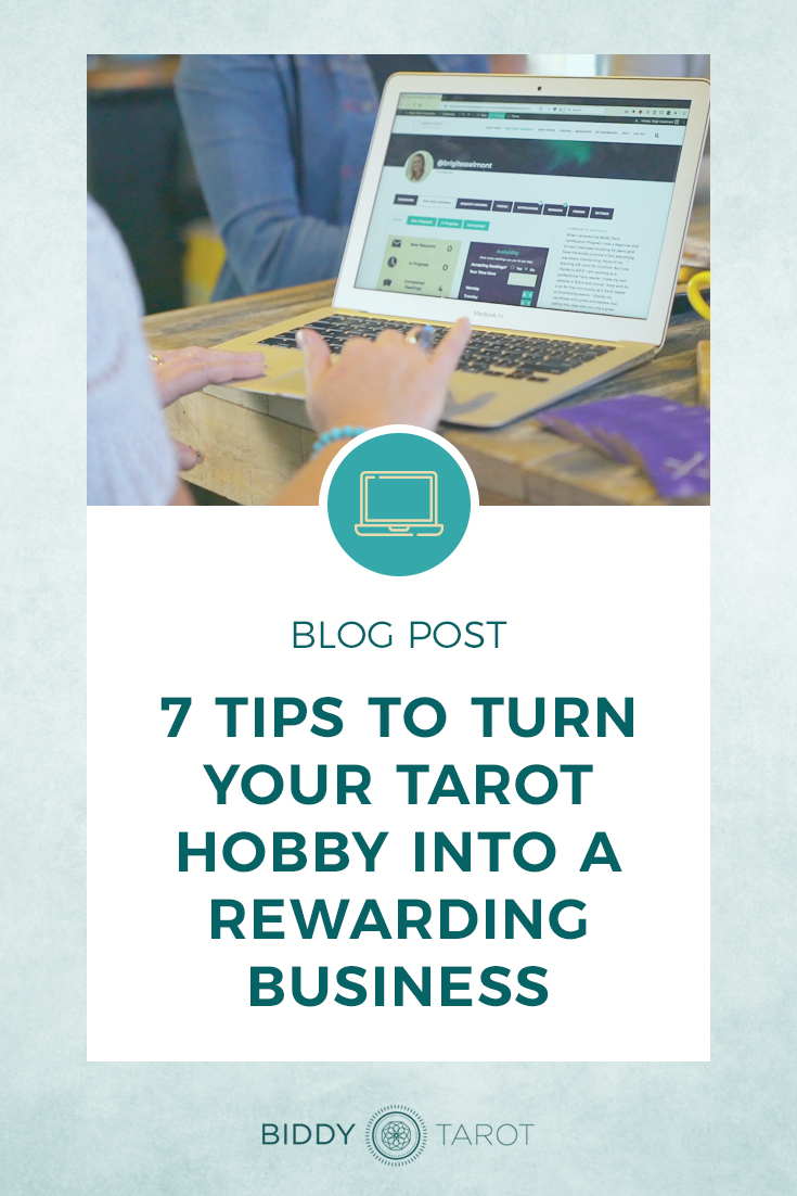 7 Tips to Turn Your Tarot Hobby into a Rewarding Business; woman on laptop exploring the Biddy Tarot Community